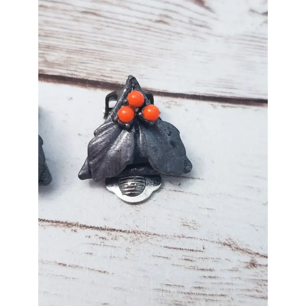Vintage Clip On Earrings - Gray Holly Leaves with Red Berries